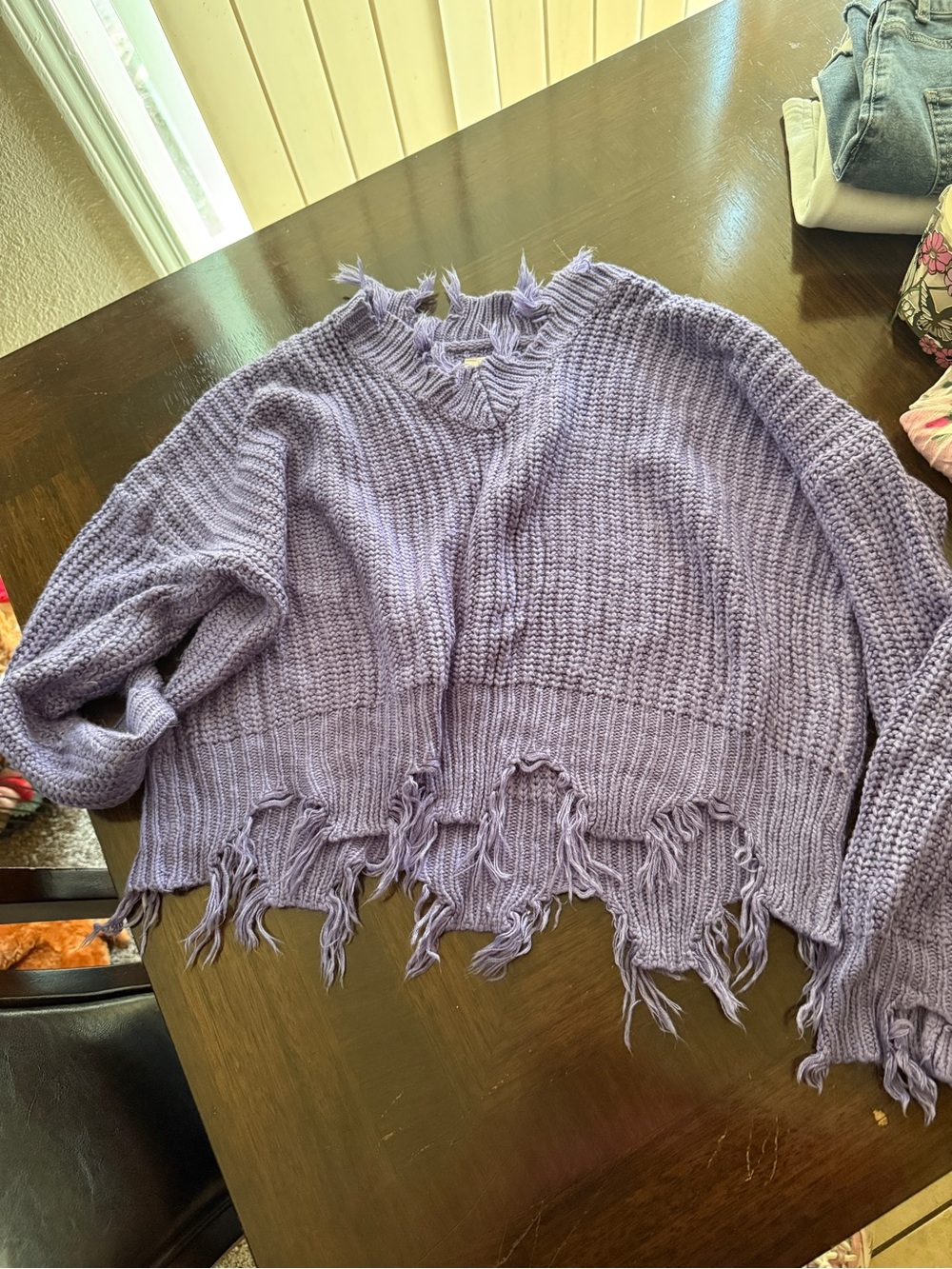 LA MIEL Distressed Fringe Crewneck Sweater
